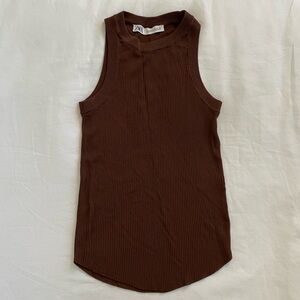 ZARA Ribbed Racerback Tank Top in Brown
